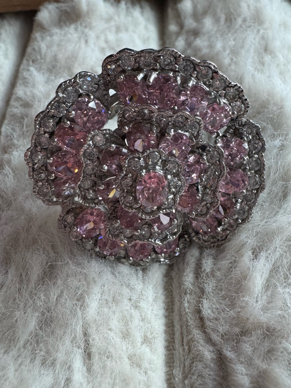 EA Sterling Silver 925 Pink CZ Crystal Pave Flower Statement Cocktail Ring